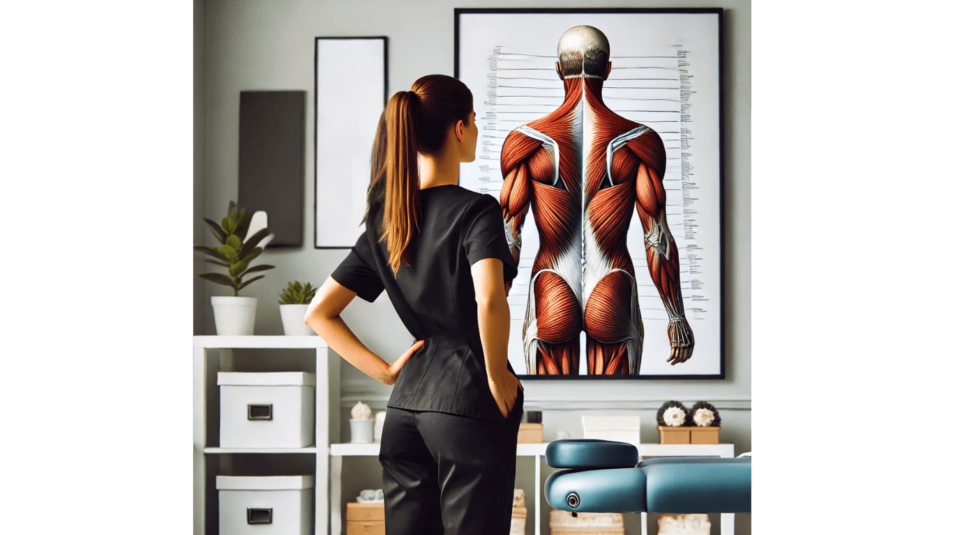 A medical massage therapist studying a muscle man chart at Hands On HealthCare Massage Therapy in Commack, Long Island.