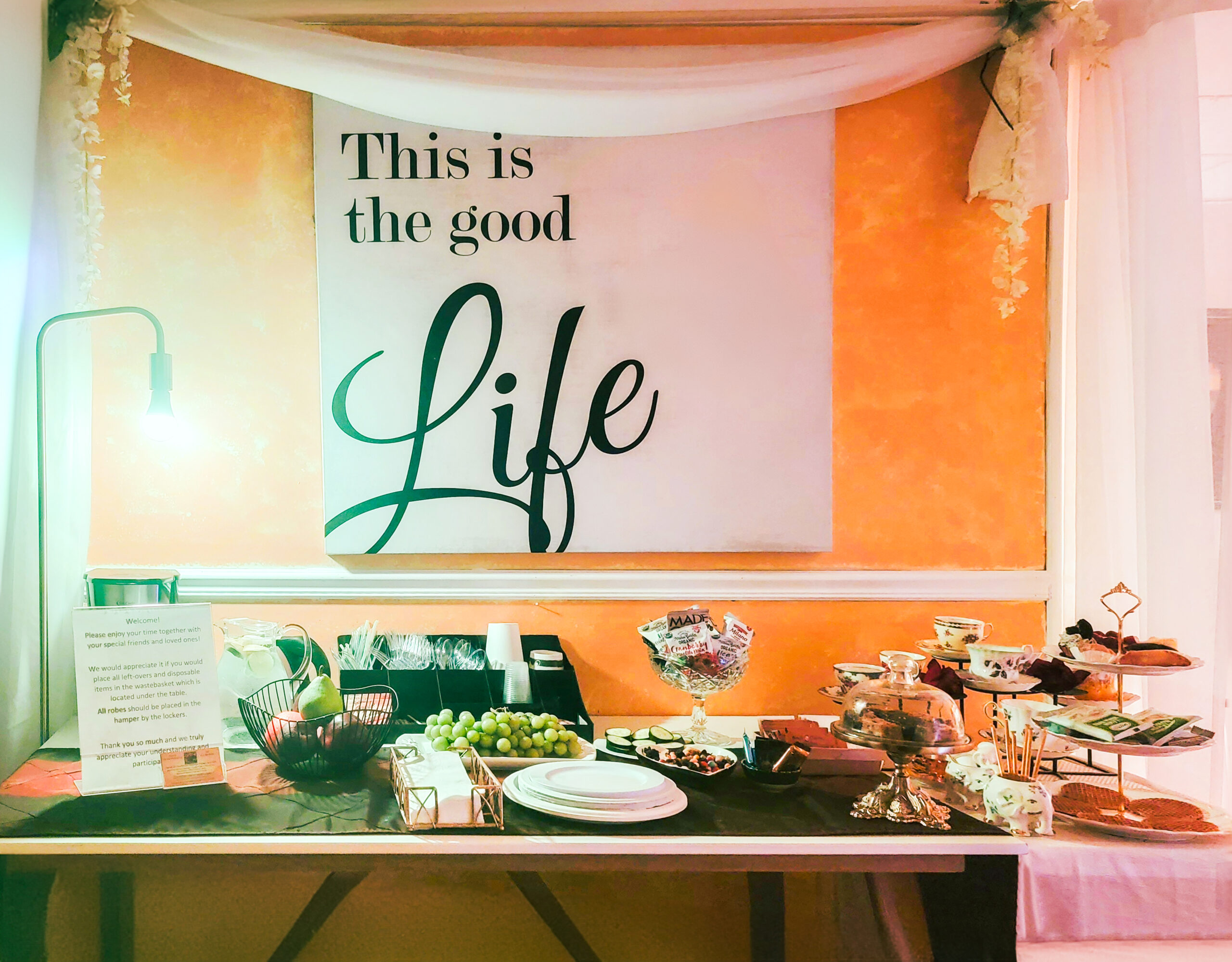 A beautifully decorated party room available for celebrations at Hands On HealthCare Massage Therapy in Commack, Long Island.